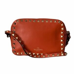 Valentino Garavani Rockstud Camera Crossbody Bag Orange Leather Gold Studs
